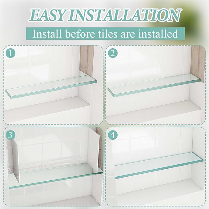 1 Pcs 13-5/8" x 4-1/4" x 3/8'' Glass Shelf for Shower Niche, Tempered Glass Shelf Floating Shelves for Bathroom Essentials DIY Storage Decoration, Easy Install Support Plate
