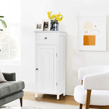 DORTALA Bathroom Floor Cabinet, Free-Standing Wooden Floor Storage Cabinet w/Large Drawer & 2 Adjustable Shelves, Morden Side Storage Bathroom Organizer for Living Room, White