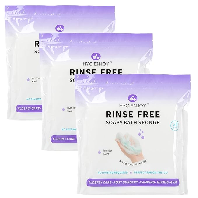HYGIENJOY-21% Larger Rinse Free Bath Sponges for Adults-Disposable No Rinse Bathing Wipes-Soap Infused,Dry Shower Wipes for Elderly,Camping,Post Surgery Must Haves,(Lavender 75 Counts)