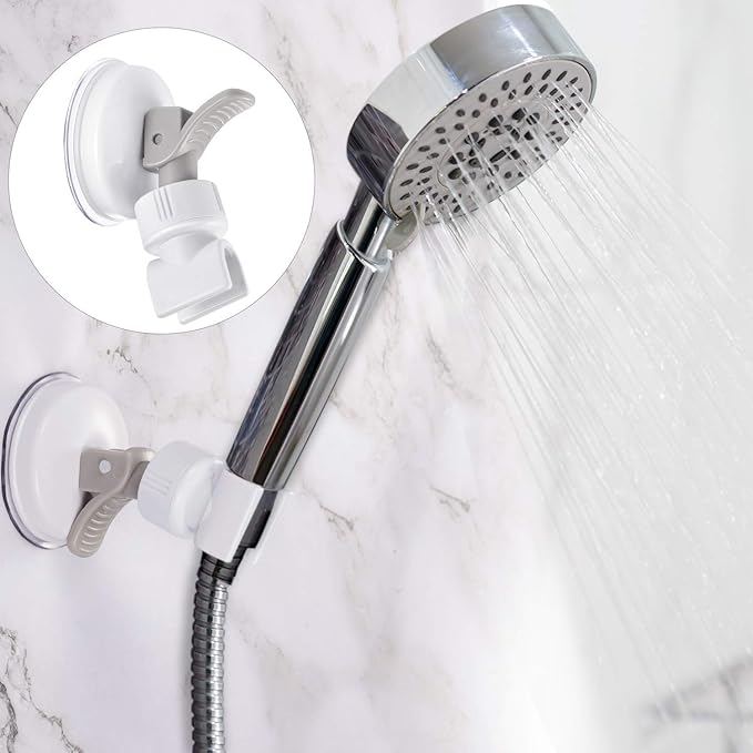 Zhehao Adjustable Shower Head Holder, Removable Suction Cup Shower Head Holder, No Drill Wall Mounted Suction Bracket with Chrome Polished for Marble Glass Metal Ceramic(2,Grey Wrench)