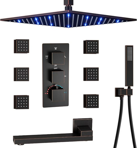 Oil Rubbed Bronze Thermostatic Shower System 4 Way Full Body Shower System with Tub Spout, Luxury 12 inch Ceiling Mounted LED Rain Shower Head, Handhled Spray and 6 PCS Body Jet