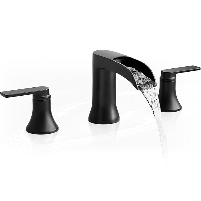 Solid Brass Waterfall Bathtub Faucets Set, 3 Hole Matte Black Tub Faucet 2 Handle, High Flow Roman Tub Faucets Widespread 6-16 Inch Deck Mount
