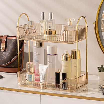 Bathroom Counter Organizer Countertop Storage, Cosmetics Skincare Shelf, Makeup Organizer Perfume for Dresser Vanity Tray, Spice Rack for Kitchen(2 Tier-Gold)