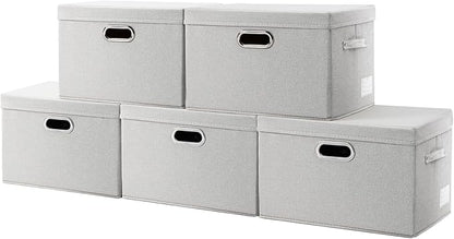 PRANDOM Collapsible Storage Bin with Lid [5-Pack] Fabric Foldable Storage Box Organizer Container Basket Cube with Cover for Home Bedroom Closet Office Beige(15.3x10x9.7)