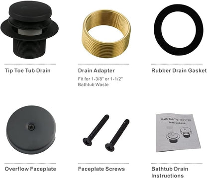 Black Tub Drain Tip-Toe Tub Trim Set Conversion Kit Assembly, Hidrop Bathtub Drain Replacement Trim Kit with 1-Hole Overflow Faceplate and Universal Fine/Coarse Thread, Matte Black