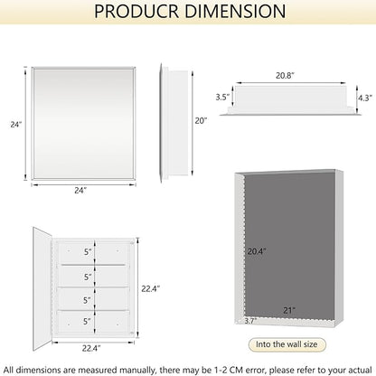 Medicine Cabinet, Rectangular Beveled Frameless Mirror Cabinet,Wall Mounted Cabinet for Bathroom Toilet Kitchen,Recess or Surface Mount,24x24 in
