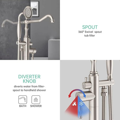 Hoimpro Free Standing Tub Faucet Freestanding Tub Filler Stand Alone Bath Tub Set Floor Mounted Bathtub Faucet Shower Faucets Handheld Sprayer Brass Brushed Nickel