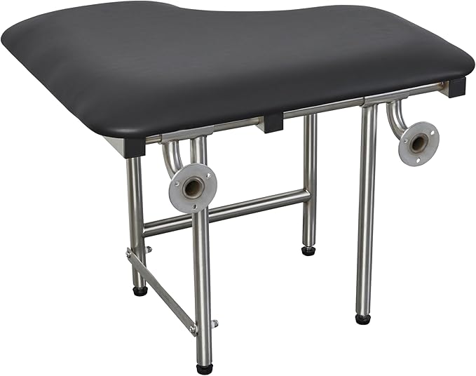 28" x 22.5" Black Padded Wall Mount Folding Left-Handed Transfer Bench Shower Seat with Legs, ADA Compliant