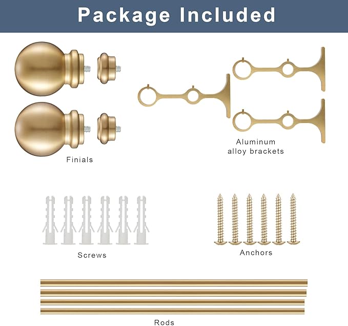 Double Curtain Rod, Adjustable 1 inch Double Drapery Rod Rods for Windows 28 to 48 inch,Ball Round Finials with Brackets Set (28-48",Gold)
