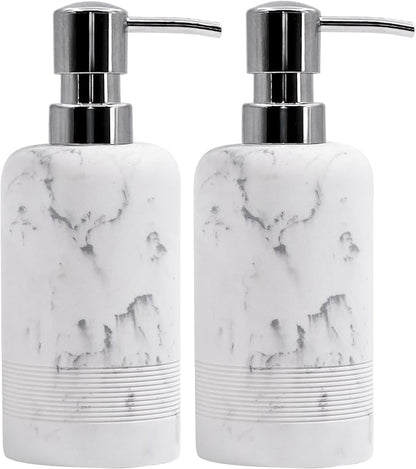 Resin Soap Dispenser Sets, 2 Pcs Heavy Lotion Dispensers,10.8oz Refillable Liquid Soap Dispensers with Rust-Proof Pump for Bathroom Countertop or Kitchen, Artificial Marble White
