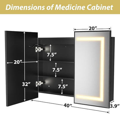 APRILSOUL 40X32 Inch Black Bathroom Medicine Cabinet with Mirror, Recessed or Surface Lighted Medicine Cabinet with 3 Colors Temperature, Dimmable Light