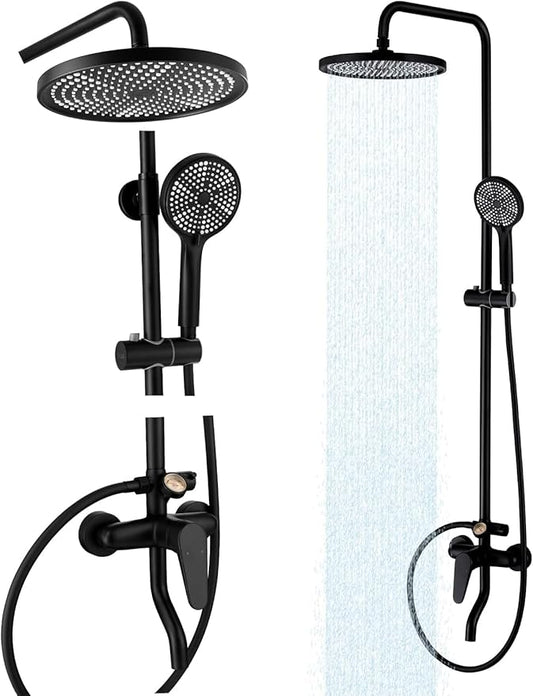 Outdoor Shower Fixture, Black Exposed Shower System with Tub Spout, Dial Thermometer Brass Valve, Wall Mount Outside Shower Faucet Combo with 10'' Rainfall Shower Head for Bath Backyard