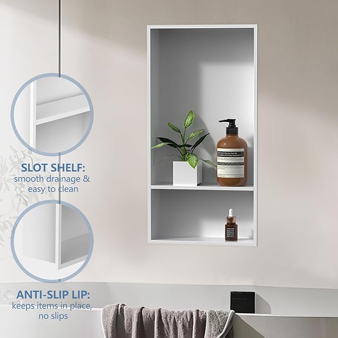 Homevacious 13" X 25" Stainless Steel Shower Niche No Tile Needed Double Shelves White Bathroom Shelf Rimless Recessed Wall Niche for Bathroom Storage