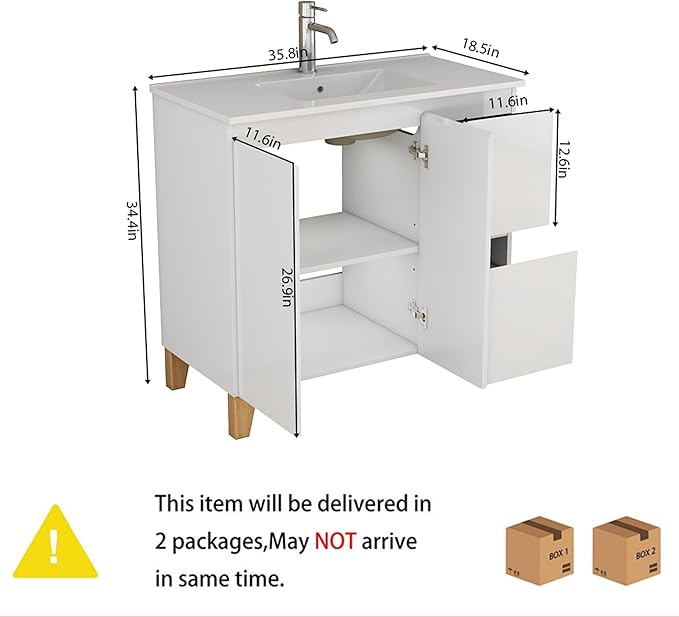 36" Freestanding Bathroom Vanity with Sink, High Gloss White Cabinet, Mid-Century Solid Wood Legs, 2 Doors & 2 Side Drawers, Scandi Modern Storage for Master Bath