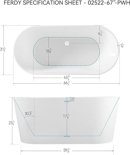 FerdY Shangri-La 67" Acrylic Freestanding Bathtub, Classic Oval Shape Acrylic Soaking Bathtub with Polished White Drain & Minimalist Linear Design Overflow, Modern White, cUPC Certified
