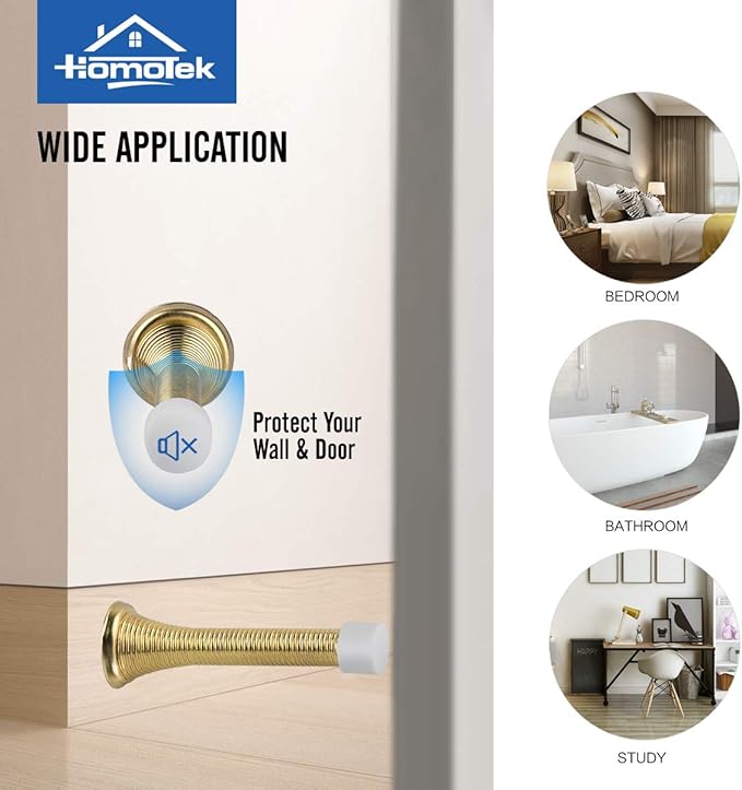 HOMOTEK 12 Pack Spring Door Stopper with Rubber Bumper 3-1/8" Flexible Spring Heavy Duty Wall Door Stop Low Mounted Door Bumper for Home (Bright Brass)