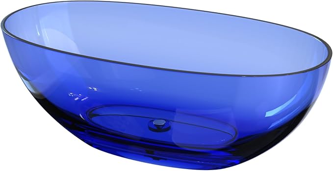 Stone Resin Freestanding Bathtub 61", Elegant Oval Shape Soaking Tub, Solid Surface Stand Alone Bathtub with Drain & Integrated Slotted Overflow Transparent Blue AMFS303-1550-TPBLUE