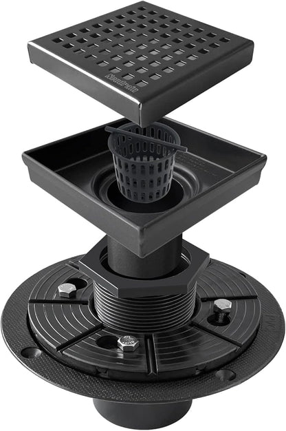 Neodrain 4-Inch Square Shower Drain with Removable Quadrato Pattern Grate, 304 Stainless Steel, Includes PVC Shower Drain Base&Hair Strainer, Shiny Black