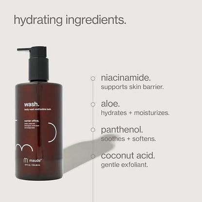 Maude Wash pH Balanced Unscented Shower Gel & Bubble Bath - Moisturizing Body Wash with Vitamin C - Full Body Skin Care Products & Bathtub Accessories - No.0 Fragrance Free (12 oz)