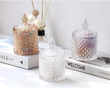 Colorful Home Decorative Jar Qtips Holder Dispenser Glass Storage Container Bathroom Counter Vanity Organizer for Bath Salts/Swabs/Rounds Makeup Sponges Toothpick Jewelry(Amber,10 oz)