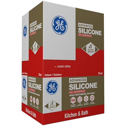 GE Advanced Silicone Caulk for Kitchen & Bathroom, Clear, 10 fl oz Cartridge, 12 Pack - 100% Waterproof Silicone Sealant, 5X Stronger Adhesion, Shrink & Crack Proof