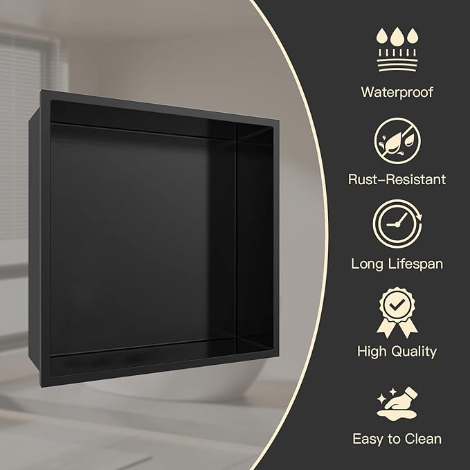 12" X 12" Shower Niche Insert Tile Ready, Niche for Shower Wall, Stainless Steel Recessed Shelf No Tile Needed for Bathroom Storage, Matte Black