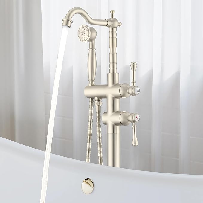 Freestanding Tub Faucet Sets, JetsBath Floor Mount BathTub Filler with 360° Swivel Spout & Handheld Sprayer, Brushed Nickel Floor Mount Bathtub Faucet Single Handle with Supply Hose