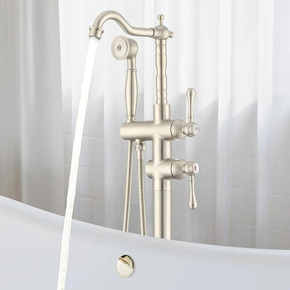 Freestanding Tub Faucet Sets, JetsBath Floor Mount BathTub Filler with 360° Swivel Spout & Handheld Sprayer, Brushed Nickel Floor Mount Bathtub Faucet Single Handle with Supply Hose