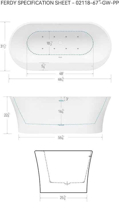 FerdY Mauritius 67 Inch Acrylic Freestanding Whirlpool Bathtub, Oval with 8 Water SPA Jets Morden White Stand Alone Jetted Tub, Luxury Acrylic Free Stand Deep Soaking Bath Tub with LED Light