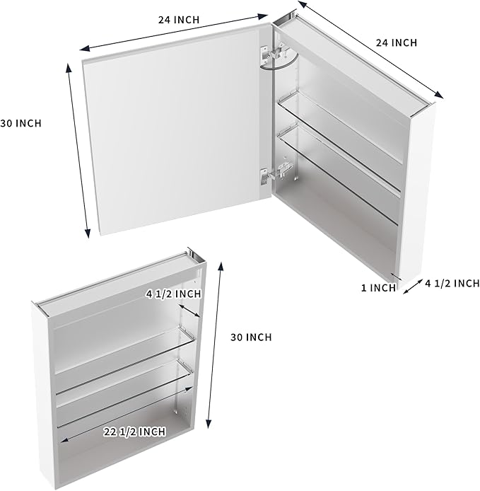 GroGro Lighted Medicine Cabinet with Mirror and Storage,24" W x 30" H LED Bathroom Medicine Cabinet with Mirror,Surface or Recessed Mounting,Defog,Dimming,3-Color Temperature,Left Opening Door