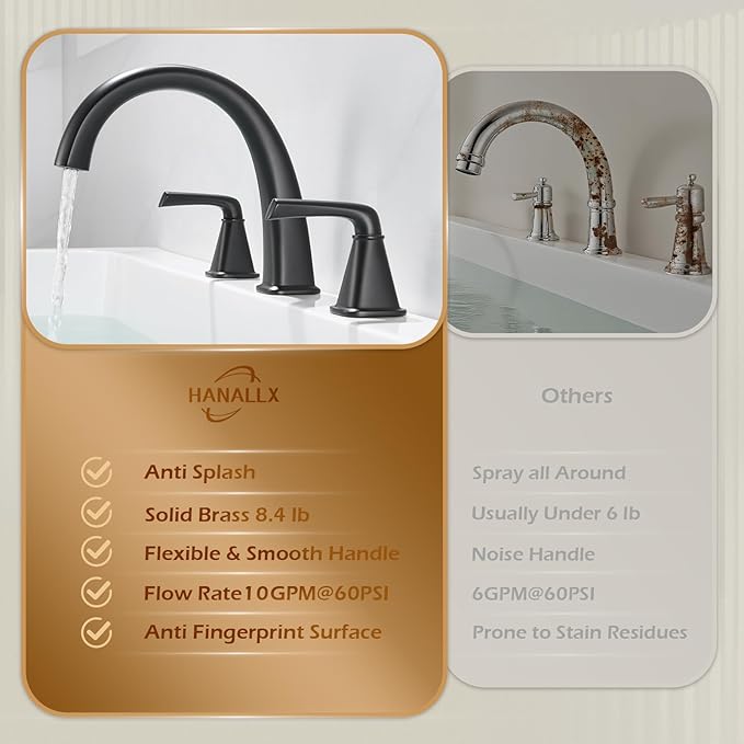 Black Bathtub Faucet Brass Roman Tub Faucet, Gooseneck Tub Filler, Garden Tub Faucet Deck Mount 3 Hole High Flow 2 Handle Bathtub Faucet Set, with Valve & Hose,12-20in Widespread
