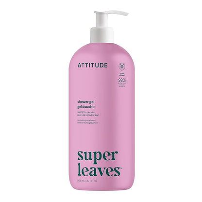ATTITUDE Soothing Shower Gel, Dermatologically Tested, Plant and Mineral-Based, Vegan Personal Care Products, White Tea Leaves, 32 Fl Oz