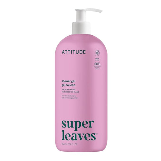 ATTITUDE Soothing Shower Gel, Dermatologically Tested, Plant and Mineral-Based, Vegan Personal Care Products, White Tea Leaves, 32 Fl Oz