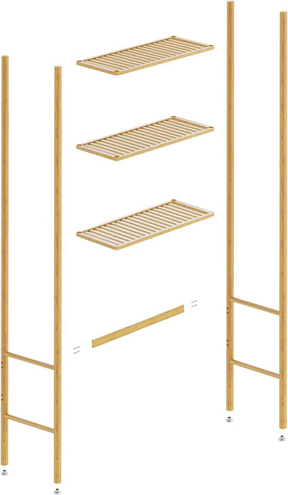 3 Tier Over The Toilet Organizer Rack Bamboo, Freestanding Bathroom Toilet Storage Shelf, Space Saving and Easy to Install, Adjustable Feet, Adjustable Bottom Rod