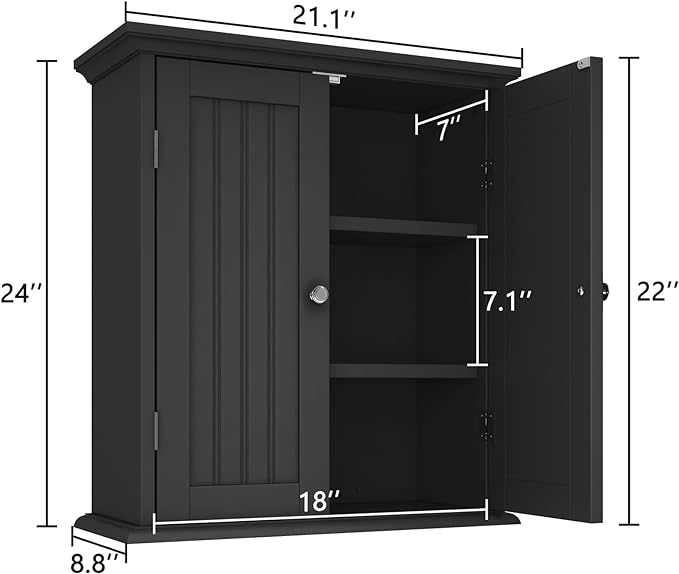 ChooChoo Bathroom Wall Cabinet, Over The Toilet Space Saver Storage Cabinet, Medicine Cabinet with 2 Door and Adjustable Shelves, Cupboard, Black