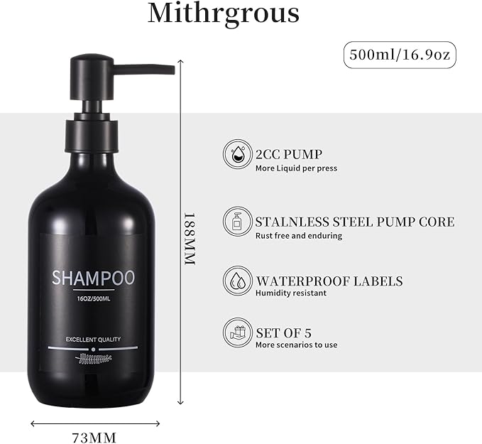 Shampoo and Conditioner Dispenser(5Pack)16.9oz Refillable Shampoo and Conditioner Bottles,Dispenser for Shower (Black)