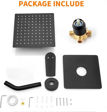 Black Shower Faucet Single Function Trim Kit with Rough-in Valve Set Bath Rainfall Shower System 8inch Square Stainless Steel Metal Shower Head