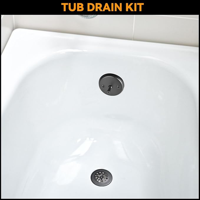 Matte Black Trip Lever Bath Tub Drain Kit, Universal for 1-1/2" and 1-3/8" Bathtub Drain Replacement, No Putty Installation Tub Drain Set with Trip Lever Overflow Faceplate and Strainer, Tub Trim Kit