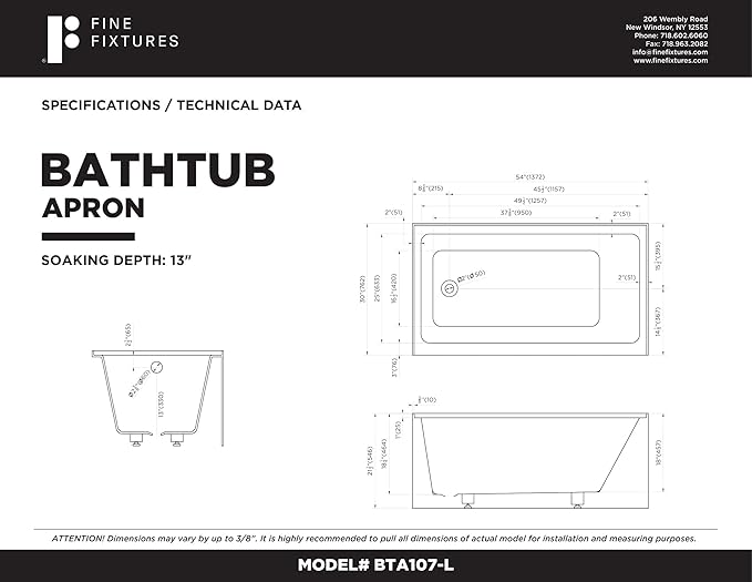 Fine Fixtures Acrylic, Fiberglass Alcove Soaking Bathtub with Integral Apron Front - Drain Included (54" x 30", Left Hand, Black)