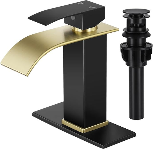 Bathroom Faucets Matte Black and Gold Waterfall Bathroom Sink Faucet Modern Single Handle Bathroom Faucet for 1 or 3 Hole Mxier Tap Washbasin Faucet with Deck, Pop-up Drain and Supply Hoses