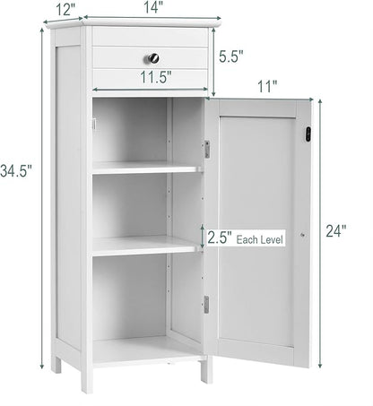 DORTALA Bathroom Floor Cabinet, Free-Standing Wooden Floor Storage Cabinet w/Large Drawer & 2 Adjustable Shelves, Morden Side Storage Bathroom Organizer for Living Room, White