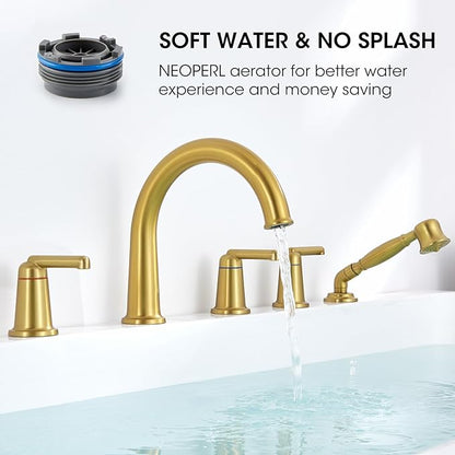 Roman Tub Faucet Set with Hand Shower, KRUZOO Bathtub Faucet Set Trim Kit with Rough-in Valve, Deck Mount Widespread 5 Hole Brass Tub Filler, KZ-9609BG, Brushed Gold