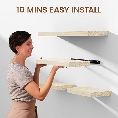 Heimlove Wood Floating Shelves for Wall,2 Packs 16 inches Natural Pine Solid Wood Floating Shelves, 8 inches Deep Wooden Shelves for Kitchen Bedroom Office & Living Room Wall Decor