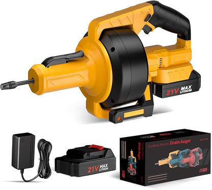 Electric Drain Auger, 21V Cordless Drain Snake, 25Ft Auto-Feed Snake Drain Hair Removal Tool with 2.0Ah Battery, Sink Snake Drain Cleaner for Sewer, Kitchen, Shower 3/4"-2.95" Pipes(Bag&Gloves&Rag）