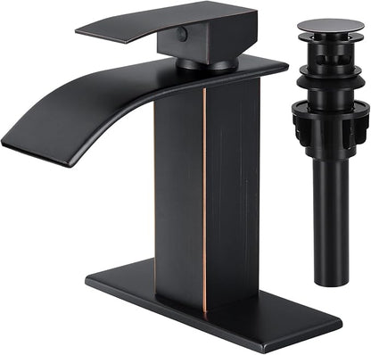 Bathroom Faucets Oil Rubbed Bronze Waterfall Bathroom Sink Faucet Modern Single Handle Bathroom Faucet for 1 or 3 Hole Mxier Tap Washbasin Faucet with Deck, Pop-up Drain and Supply Hoses
