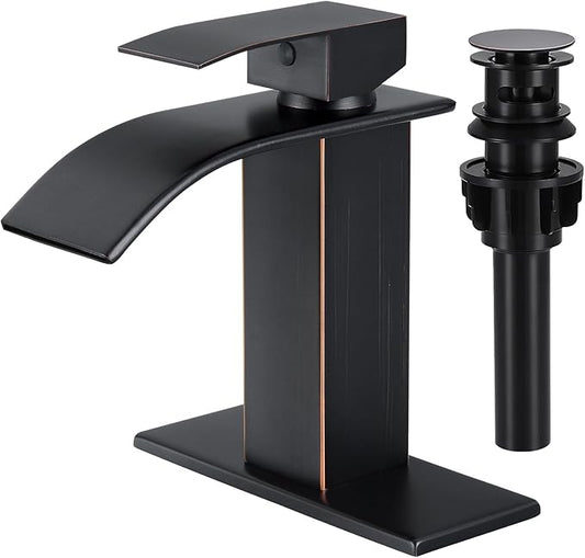 Bathroom Faucets Oil Rubbed Bronze Waterfall Bathroom Sink Faucet Modern Single Handle Bathroom Faucet for 1 or 3 Hole Mxier Tap Washbasin Faucet with Deck, Pop-up Drain and Supply Hoses