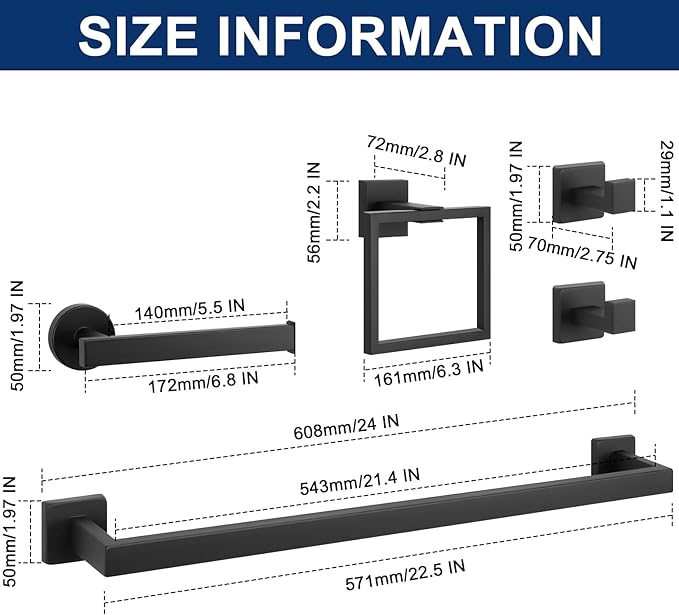 NearMoon 5 Pieces Bathroom Hardware Set 304 Stainless Steel, Square Towel Rack Kit - 24" Towel Rod + Towel Ring + Toilet Paper Holder + 2 Robe Hooks, Wall Mounted Bath Accessories (Matte Black)