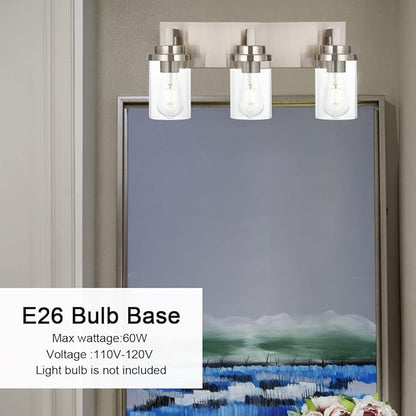 MELUCEE 3-Light Vanity Lights Brushed Nickel with Clear Glass Shade, Modern Bathroom Light Fixtures Industrial Wall Light for Bedroom Kitchen Living Room
