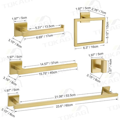 TQKAG 7-Pieces Brushed Gold Bathroom Hardware Accessories Set 23.6" SUS304 Stainless Steel Towel Bar Set Toilet Paper Spare Rolls Storage Holder Wall Mounted