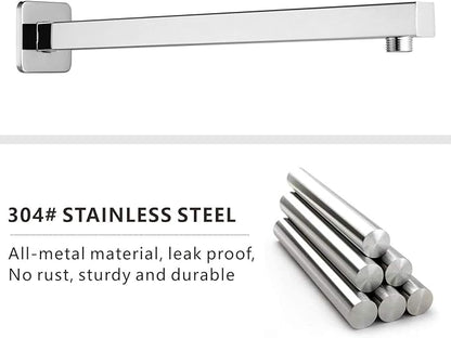 Voolan 16" Square Shower Arm with Flange and Teflon Tape, Extension Shower Head Arm for Bathroom Fixed Shower Head, Solid Stainless Steel, Wall Mounted (Chrome)